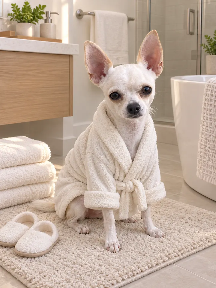 Dog Bathrobe Portrait — AI-generated example of this style