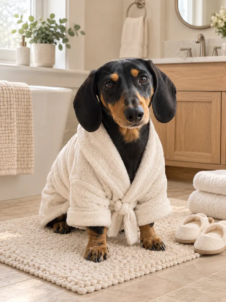 Dog Bathrobe Portrait — AI-generated example of this style